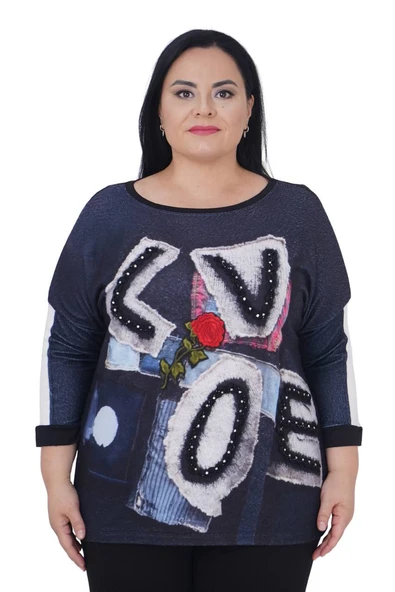 Büyük Beden Çiçek Nakışlı Love Nakışlı Kışlık Oversize Bluz ürün görseli