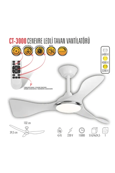 CT-3000 Modern Tavan Vantilatörü Beyaz LED Işıklı ve Uzaktan Kumandalı LED Sessiz Motor Şık Tas - 2