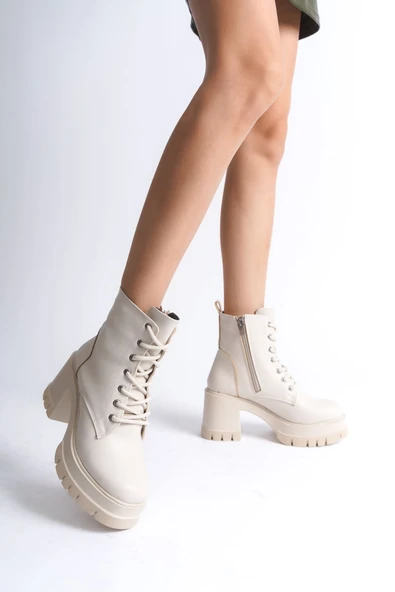 LAUREN Bağcıklı Fermuarlı Ortopedik Taban Topuklu Kadın Bot  CKT - Krem - Resim 2