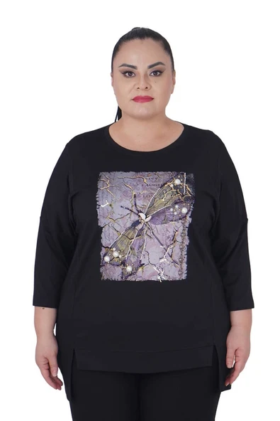 Büyük Beden Taş İşlemeli Baskılı Bluz ürün görseli