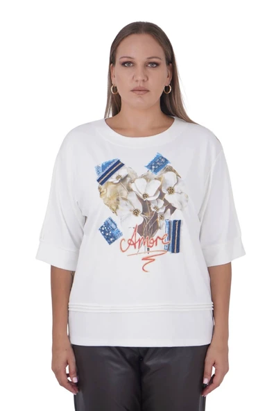 Büyük Beden Amore Baskılı Çiçek Desenli Bluz