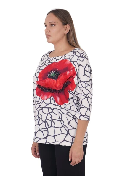Büyük Beden Kırmızı Çiçek Motifli Kışlık Kapri Kol Bluz - Resim 2