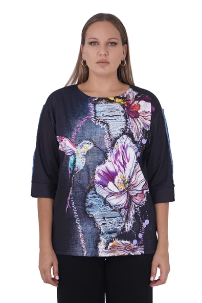 Büyük Beden Çiçek Kuş Baskılı Taşlı Kapri Kol Bluz ürün görseli