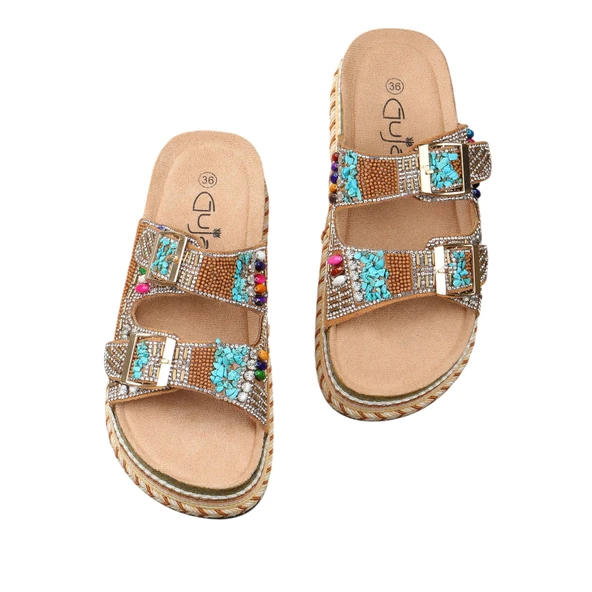 Kadın Mantar Platform Taban Taşlı Çift Tokalı Comfort Terlik 25y103 - Resim 3