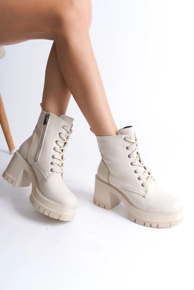 LAUREN Bağcıklı Fermuarlı Ortopedik Taban Topuklu Kadın Bot  CKT - Krem - Resim 3