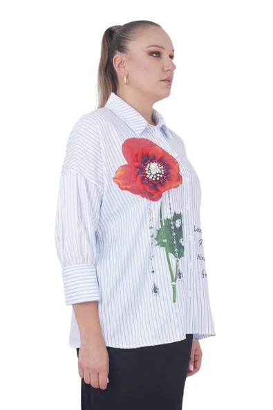 Büyük Beden Çiçek Motifli Slogan Yazılı Çizgili Gömlek - 2
