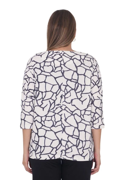 Büyük Beden Kırmızı Çiçek Motifli Kışlık Kapri Kol Bluz - Resim 3