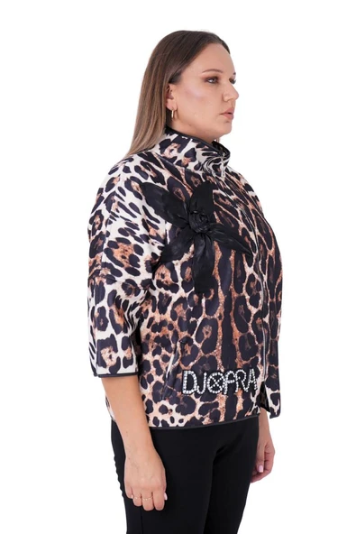 Leopar Desenli Çiçek Motifli İnce Rüzgarlık Büyük Beden Kapri Kol Ceket - 2