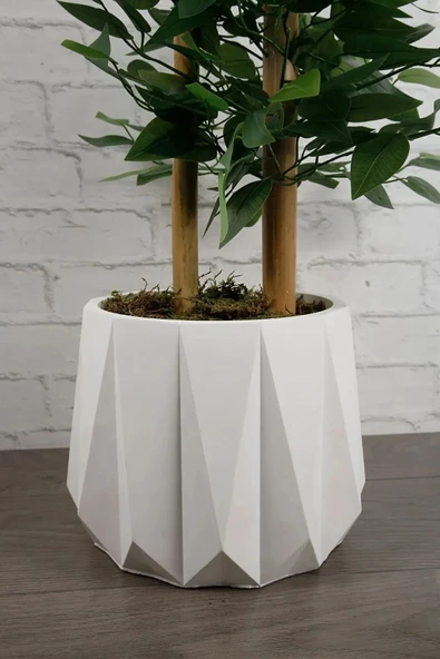 Dekoratif Beyaz Beton Saksı Kaktüs Sukulent Bambu Çiçek Saksısı 22 cm - 4