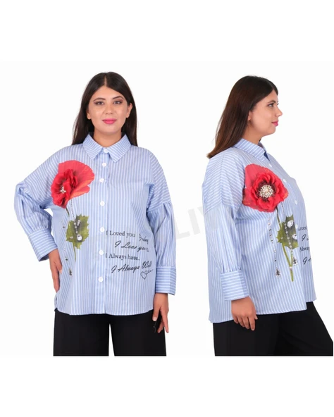 Büyük Beden Çiçek Motifli Slogan Yazılı Çizgili Gömlek - 6