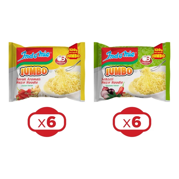 Indomie Noodle Jumbo 120 gr Tavuklu ve Sebzeli 12 li Karma Paket ürün görseli