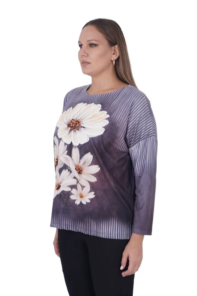Büyük Beden Kabartma Çiçek Boyama Boncuk İşleme Kışlık Bluz