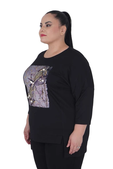 Büyük Beden Taş İşlemeli Baskılı Bluz - Resim 2