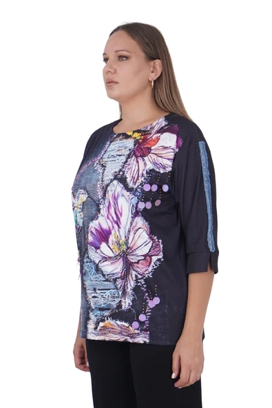Büyük Beden Çiçek Kuş Baskılı Taşlı Kapri Kol Bluz - Resim 2