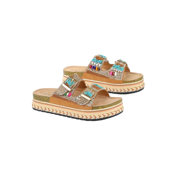 Kadın Mantar Platform Taban Taşlı Çift Tokalı Comfort Terlik 25y103 - Resim 2