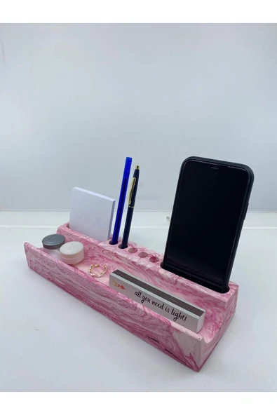Mermer Desenli Beton Ev Ofis Masa Düzenleyici Kalemlik Organizer Pembe - 3