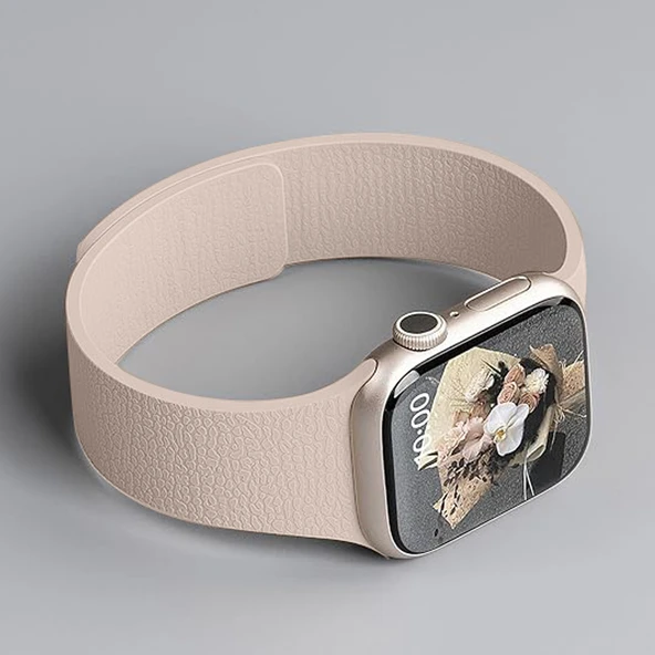 Apple Watch 2-3-4-5-6-7-8-10 SE Ultra Uyumlu Manyetik Desenli Spor Silikon Kordon (42/44/45/46/49)  Pudra - 4