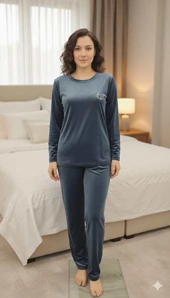 Kadın Mavi Bisiklet Yaka İpeksi Fransız Kadife Cepli Kışlık Pijama Takımı - 2