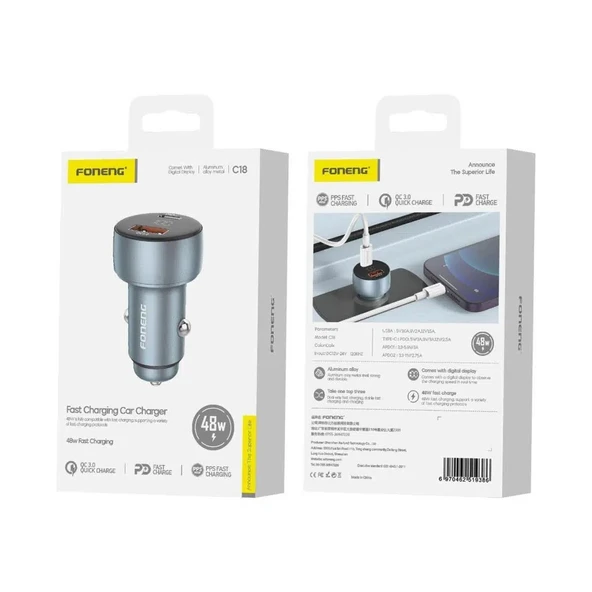 Foneng C18 48W Type-C + USB Led Gösterge Araç içi Şarj Adaptörü - 9