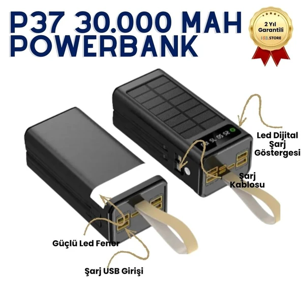 P37 30000 mAh Ultra Güçlü Taşınabilir Powerbank, Hızlı Şarj, Çift USB Çıkışı, LED Gösterge, Akıllı Cihaz Koruma Özellikli Taşınabilir Pil | HZLSTORE ürün görseli 1