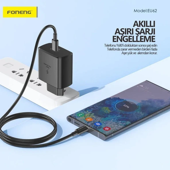 Foneng EU62 GaN 45W PD Type-C Girişli Hızlı Şarj Adaptörü - Siyah - 3