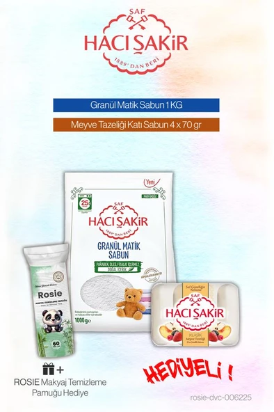 Hacı Şakir Granül Matik Deterjan 1 KG ve Meyze Tazeliği Katı Sabun 4x70 ml, Rosie Pamuk ürün görseli