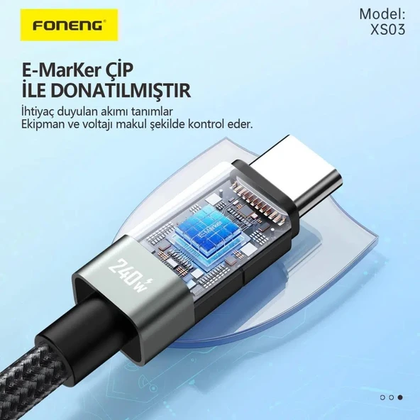 Foneng XS03 240W Type-C to Type-C Örgü 2m Data ve Şarj Kablosu - 4