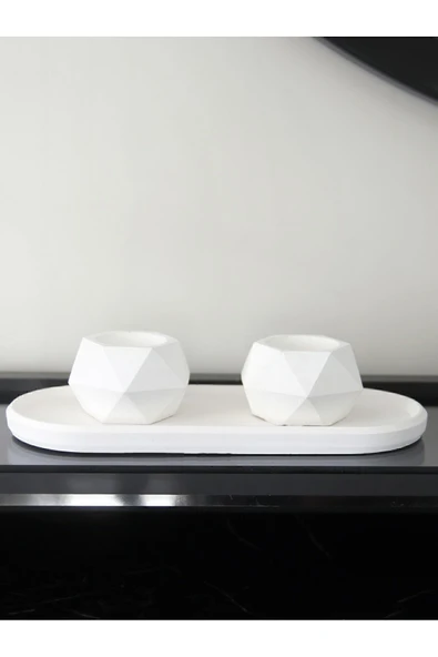 Geometrik Tealight Beton Mumluk, Oval Tabaklı Dekoratif Hediyelik Set Ham Beyaz - 6