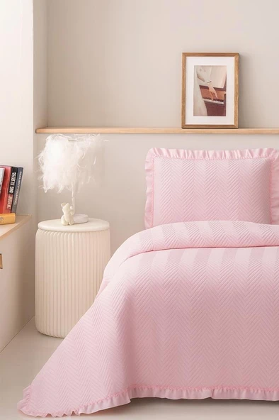 Dubai Elyaf Dolgulu Tek Kişilik 180x240 Cm Yatak Örtüsü Pudra ürün görseli