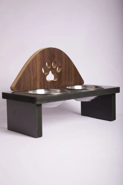 Mama Kabı Pati Desenli Ahşap Çelik Kaseli Kedi Köpek Mama Ve Su Kabı - 2