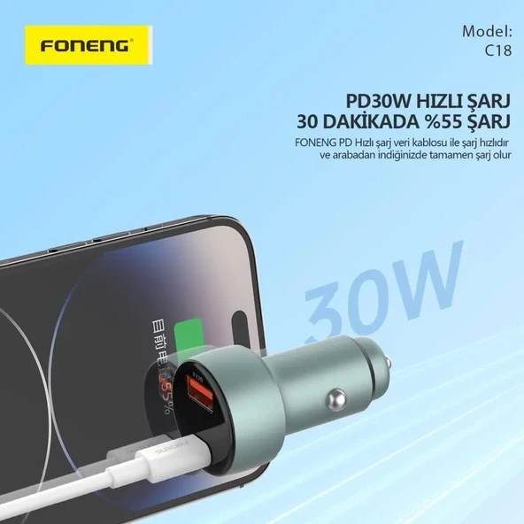 Foneng C18 48W Type-C + USB Led Gösterge Araç içi Şarj Adaptörü - 2