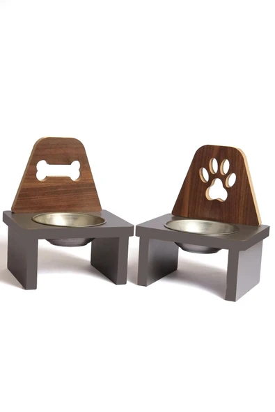 Ahşap Kedi Köpek Mama Su Kabı Standı Metal Suluk Mamalık Çelik Kaseli Evcil Hayvan Demonte - 1
