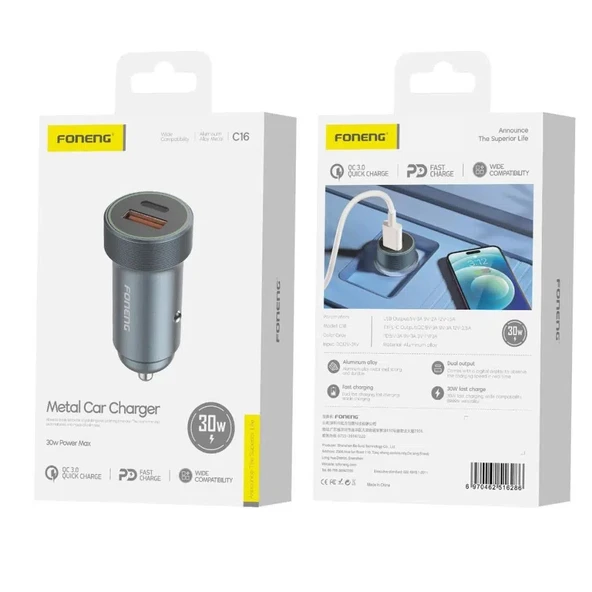 Foneng C16 30W Type-C + USB Araç içi Şarj Adaptörü - 5
