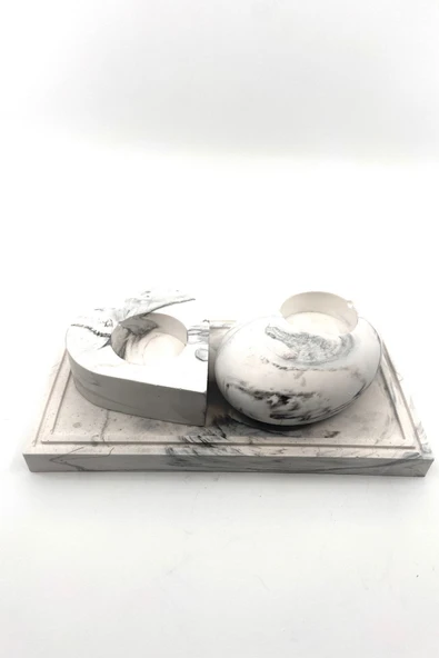 Üçlü Set Mermer Desenli Beton Tealight Mumluk Ve Tepsi - 1