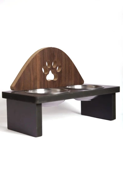 Mama Kabı Pati Desenli Ahşap Çelik Kaseli Kedi Köpek Mama Ve Su Kabı - 1