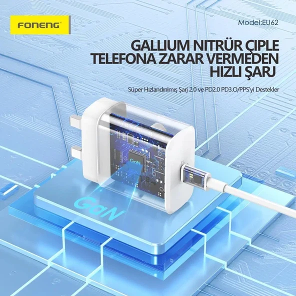 Foneng EU62 GaN 45W PD Type-C Girişli Hızlı Şarj Adaptörü - Siyah - 4