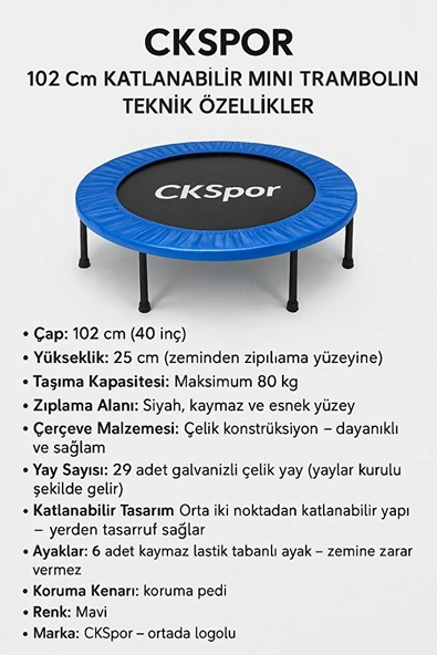 102CM Katlanabilir Trambolin – Taşınabilir Egzersiz Mavi Trambolini - Resim 4
