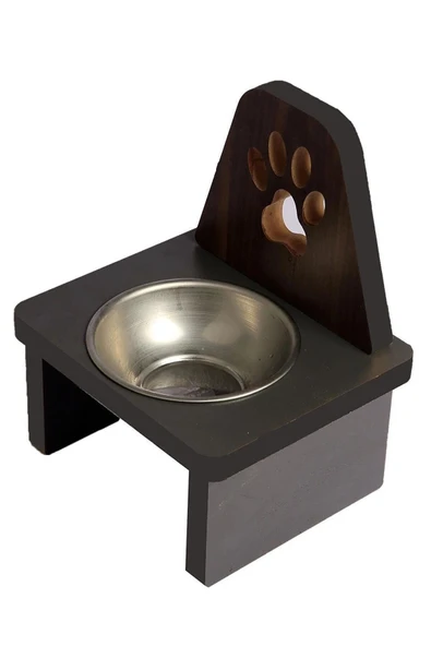 Ahşap Kedi Köpek Mama Su Kabı Standı Metal Suluk Mamalık Çelik Kaseli Evcil Hayvan Pati Desenli - 3
