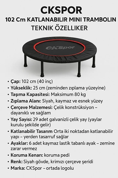102CM Katlanabilir Trambolin – Taşınabilir Egzersiz Kırmızı Trambolini - 3