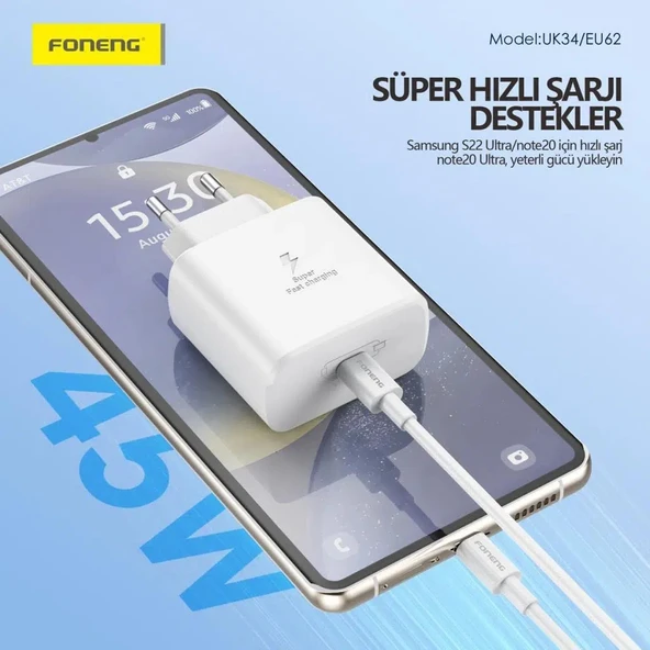 Foneng EU62 GaN 45W PD Type-C Girişli Hızlı Şarj Adaptörü - Siyah - 7
