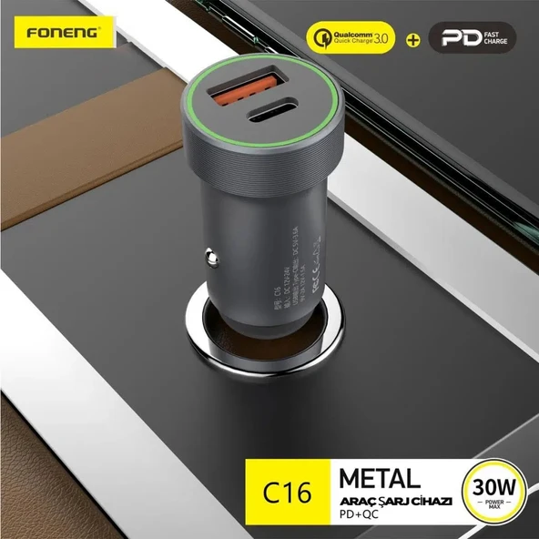 Foneng C16 30W Type-C + USB Araç içi Şarj Adaptörü - 4