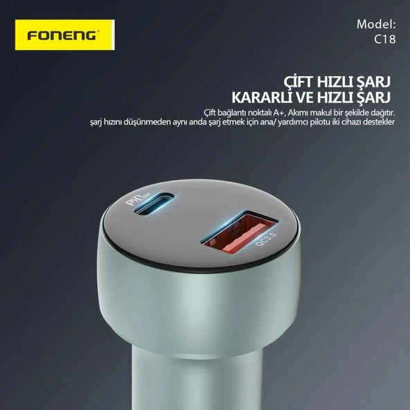 Foneng C18 48W Type-C + USB Led Gösterge Araç içi Şarj Adaptörü - 7