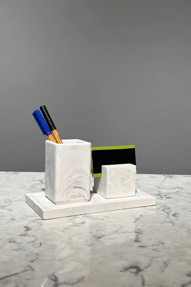 3 Parça Mermer Desenli Beton Kalemlik Ve Kartvizitlik Set - 3