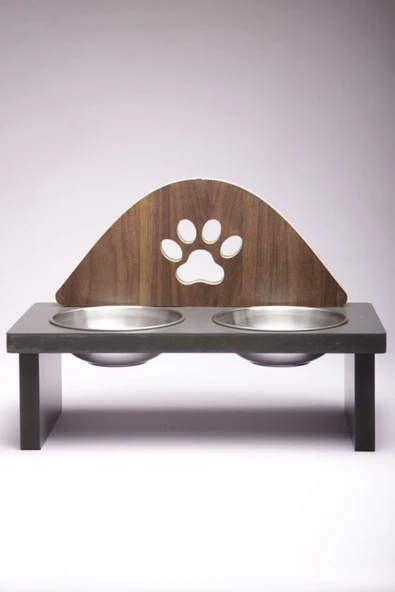 Mama Kabı Pati Desenli Ahşap Çelik Kaseli Kedi Köpek Mama Ve Su Kabı - 4