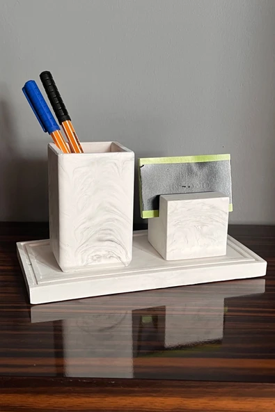 3 Parça Mermer Desenli Beton Kalemlik Ve Kartvizitlik Set - 1