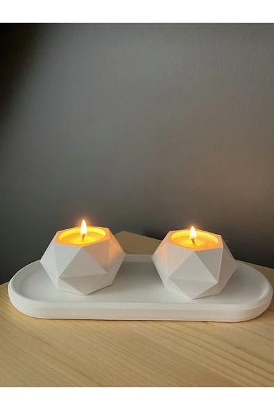 Geometrik Tealight Beton Mumluk, Oval Tabaklı Dekoratif Hediyelik Set Ham Beyaz - 5