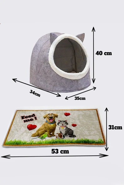 Alas Gri Keçe Kedi Ve Köpek Evi Yatağı-mama Kabı 2 Kaseli Kedi-köpek Suluk,mamalık Paspas Seti - 5