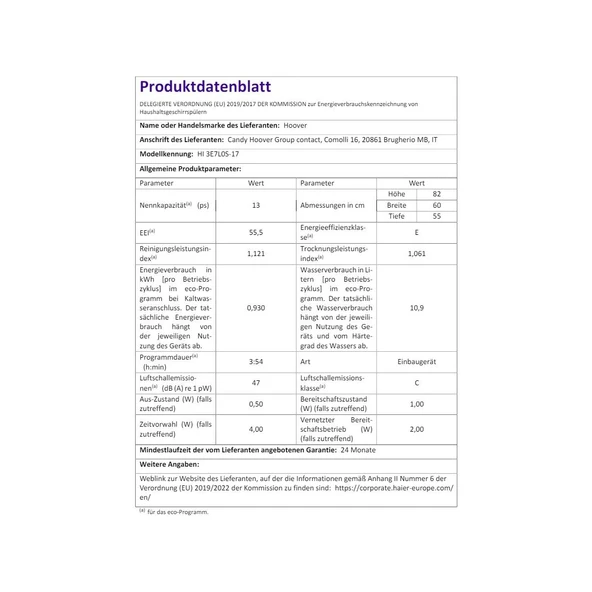 Hoover HI3E7L0S-17 5 Programlı E Sınıfı Tam Ankastre Bulaşık Makinesi - 5