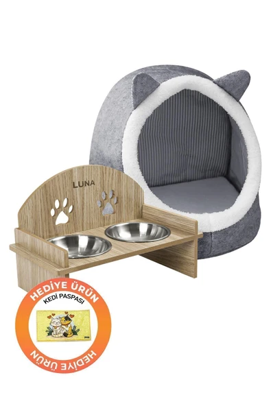 Alas Gri Keçe Kedi Ve Köpek Evi Yatağı-mama Kabı 2 Kaseli Kedi-köpek Suluk,mamalık Paspas Seti - 2