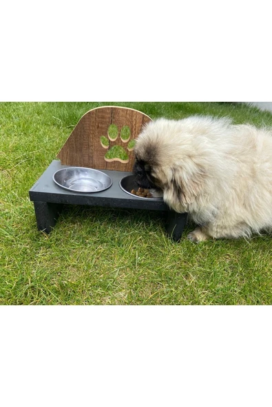 Mama Kabı Pati Desenli Ahşap Çelik Kaseli Kedi Köpek Mama Ve Su Kabı - 8